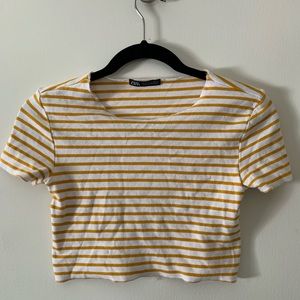 Zara yellow and white striped crop top tee